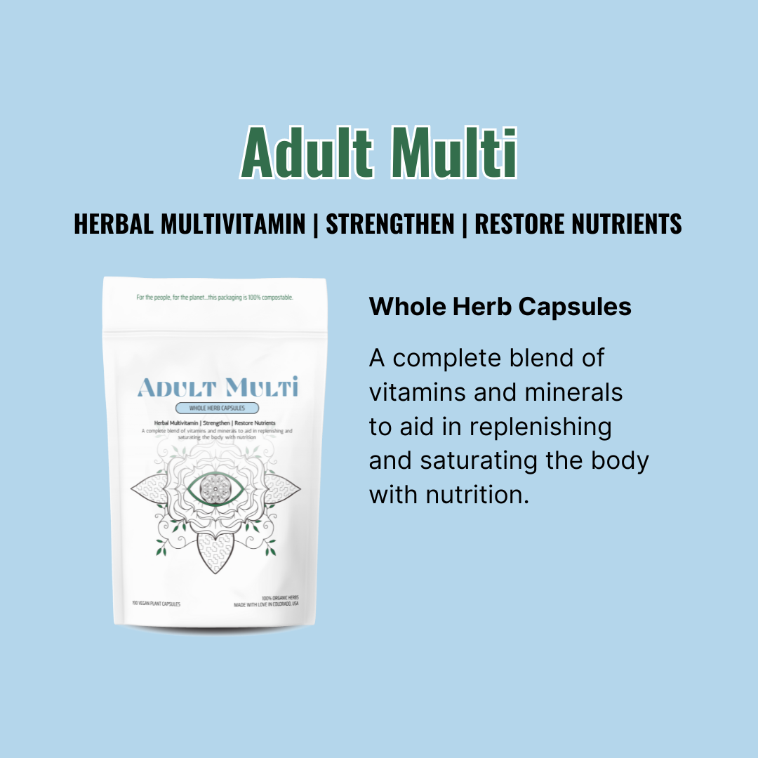 Earth Mother Medicinals Therapeutic Herbal Teas and Therapeutic Herbal Formulas Adult Earth Mother Medicinals Herbal Multivitamin, Adult Multivitamin, Herbal Multivitamin, Therapeutic Herbal Capsules, Multivitamin capsules, organic herbal formula, organic herbal multivitamin, organic multivitamin